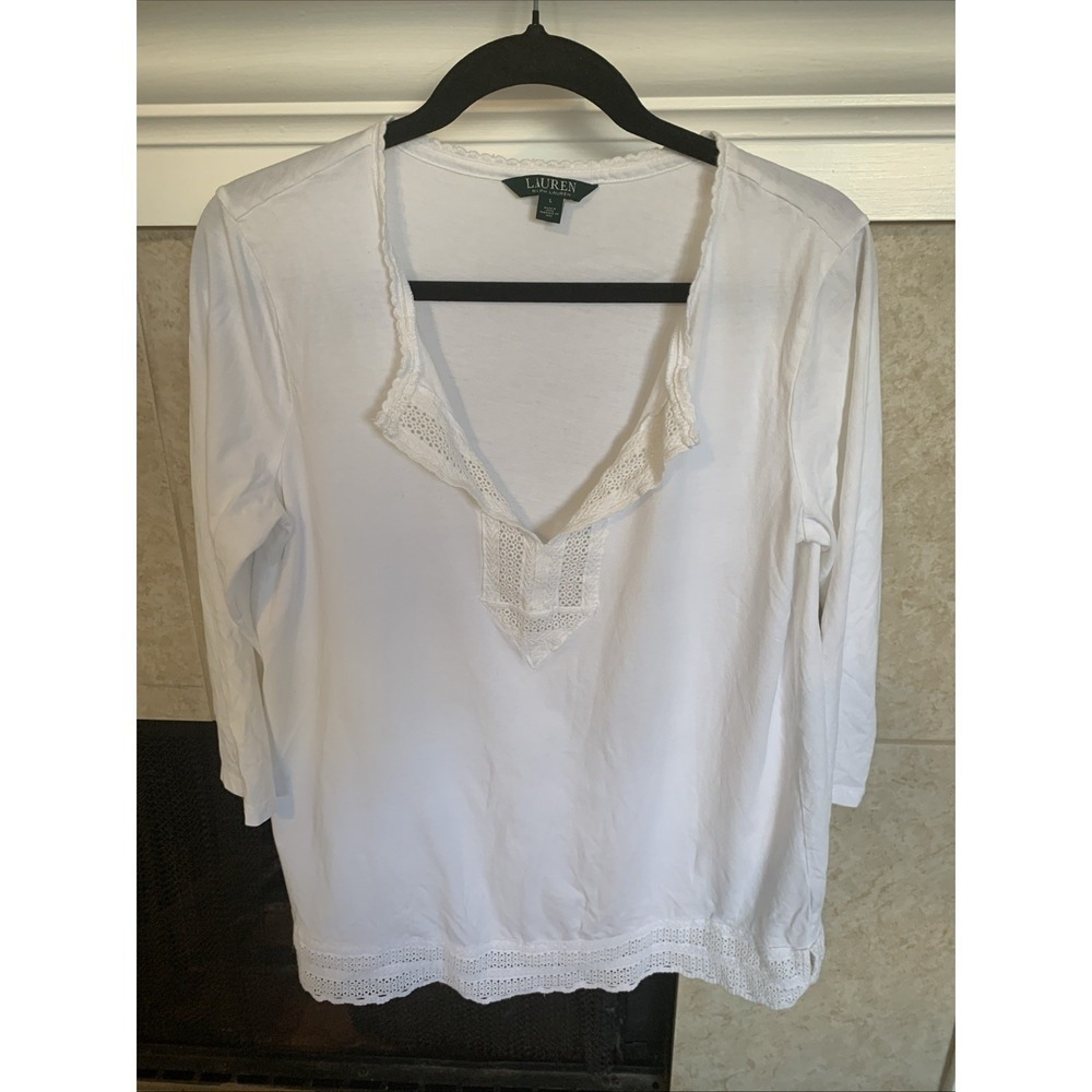 LAUREN RALPH Lauren Women's Lace Trimmed White Tunic Top Shirt Size L Cotton - Picture 2 of 5